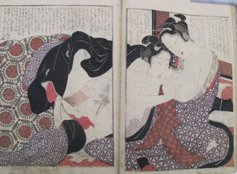 Yashima Gakutei: An inept adolescent boy suckling the nipple of a receptive mature female. 