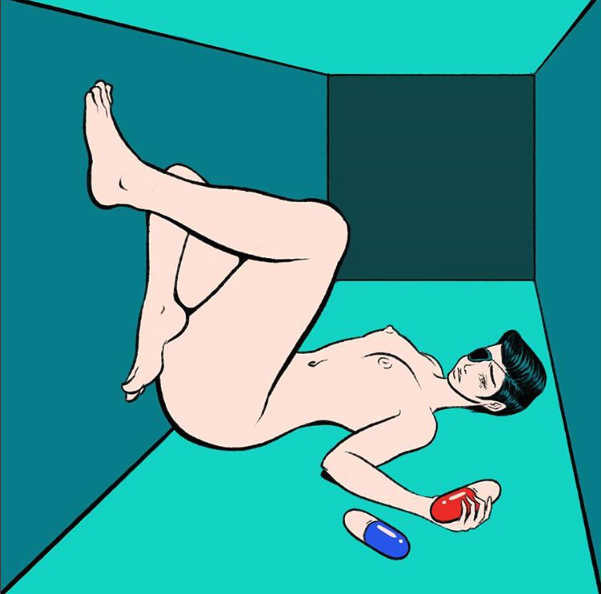 Pigo Lin: nude girl sporting am eye-patch holding a capsule