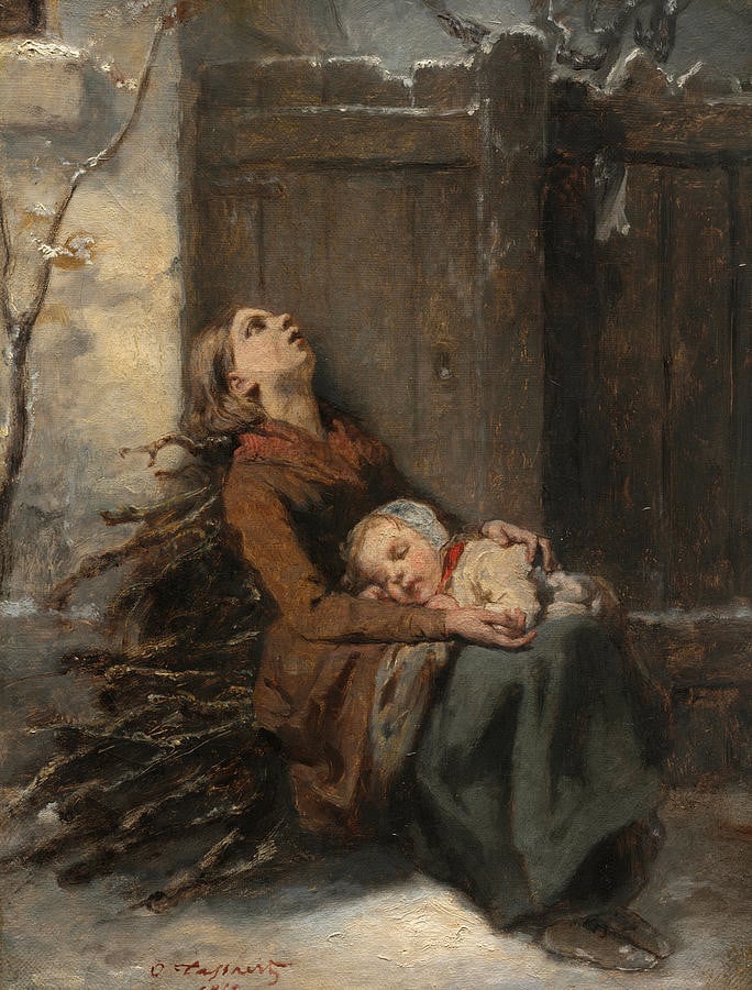 Octave Tassaert: Destitute Dead Mother Holding Her Sleeping Child in Winter; 