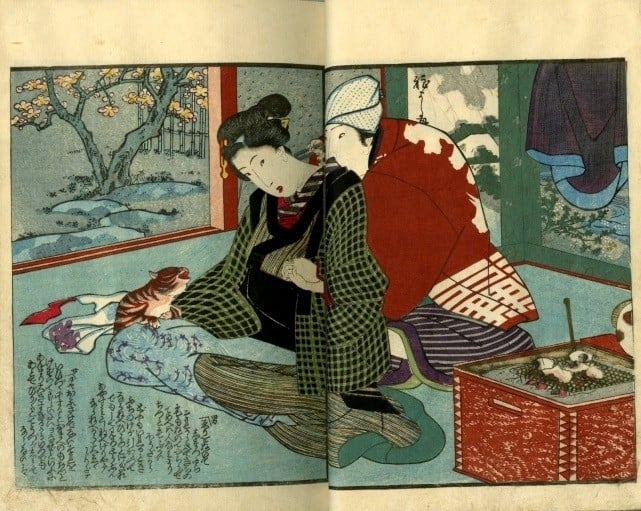 Octave Tassaert: A woman has to divide her attention between her restless lover and the attention-seeking cat’, Kuniyoshi, 1837.