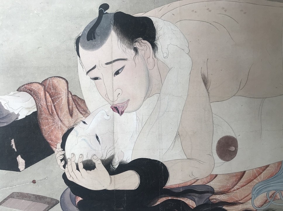 Utagawa Sadakage: shunga scroll detail kissing couple