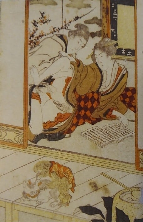egoyomi by Hokusai with a copulating monkey and cat
