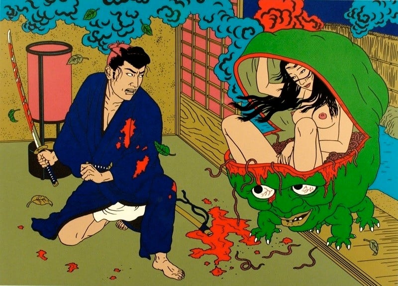 Toshio Saeki: samurai frees a nude girl from a green monster using his sword