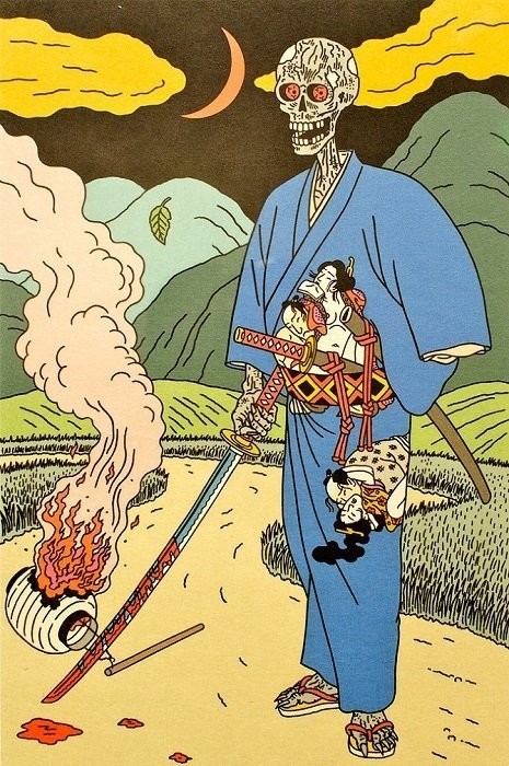 skeleton sporting a kimono with tiny copulating figures in his belt and a burning lantern by Toshio Saeki