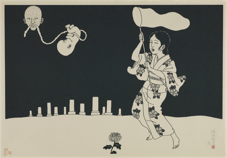 Toshio Saeki: black and white print with a girl trying to catch an embryo with with a fish net