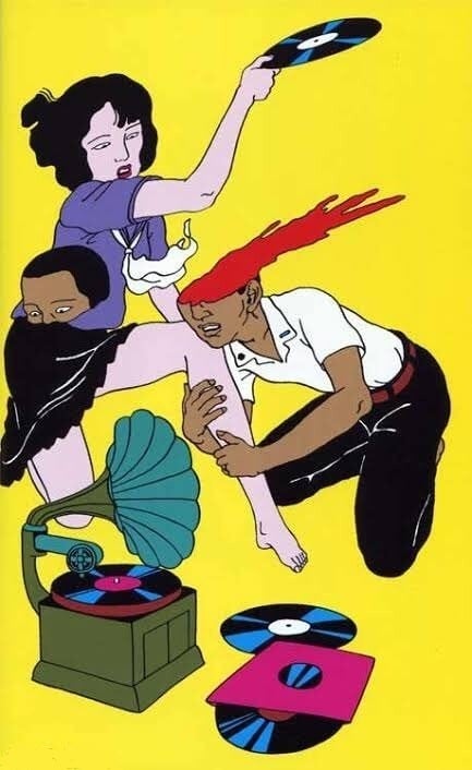 a girl decapitates the forehead of a young man listening to a gramophone player with a lp by Toshio Saeki
