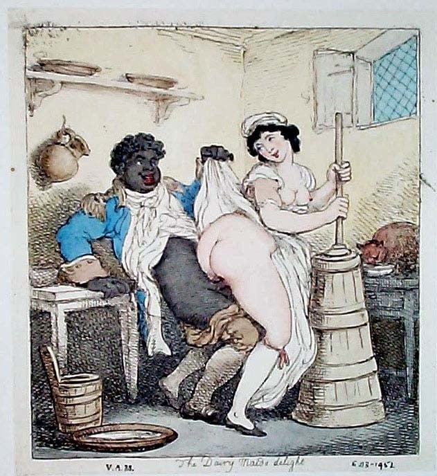 thomas rowlandson: erotic drawing with a white woman is sitting on the lap of a black soldier while churning milk