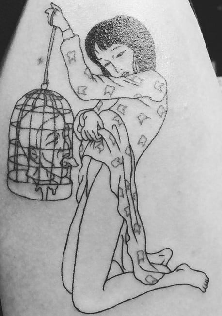 Toshio Saeki: Tattoo with girl holding a birdcage with a decapitated head in it licking her private parts