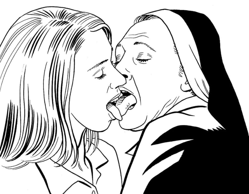 young girl French kissing with an older nun