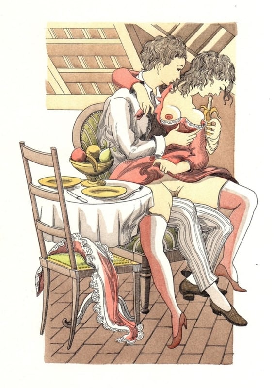 young intimate couple eating a banana