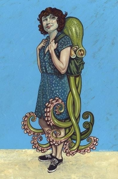 painting with female sporting an octopus back pack