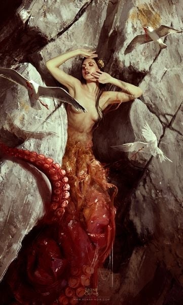 Woman being attacked by an octopus on the rocks