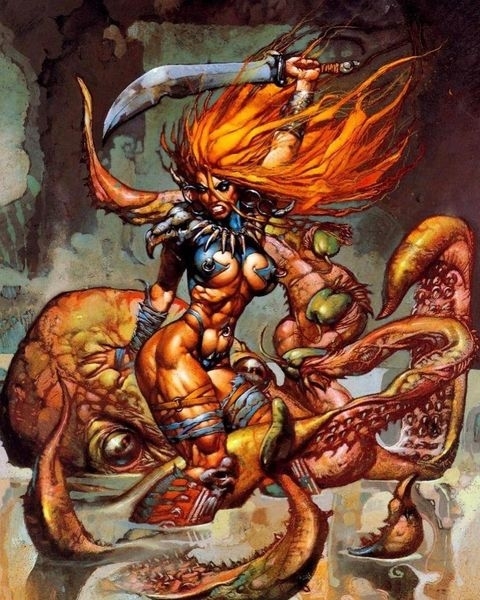 A red haired female warrior slaying a giant octopus with a sword