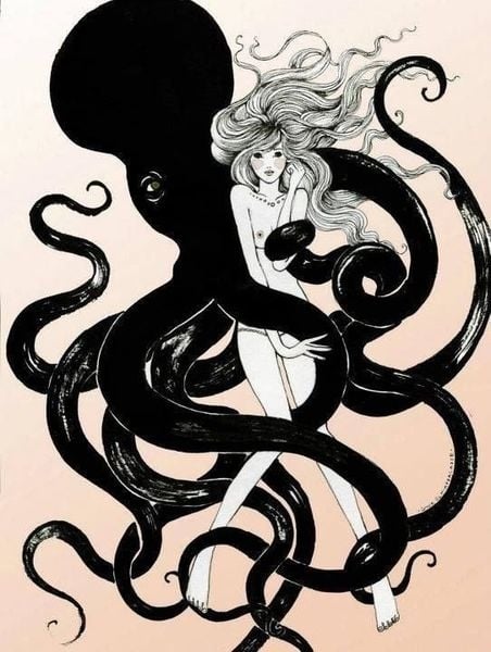 Black and white pictire of an octopus holding a woman