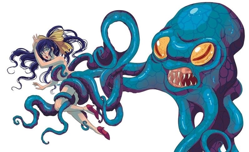 Young girl being grabbed by a giant blue octopus