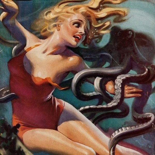 Girl in vintage bathing suit with octopus