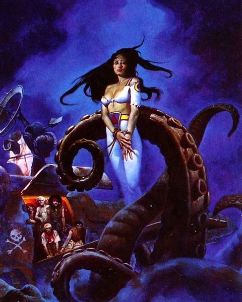 A girl walking the pirate's plank being taken by tentacles from the sea