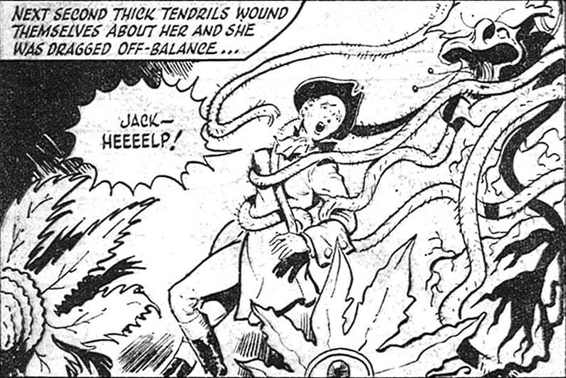 A woman pirate is grabbed and dragged by tentacles