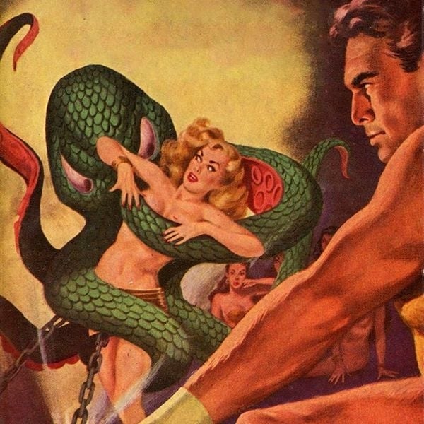 A hero about to rescue a woman from an octopus