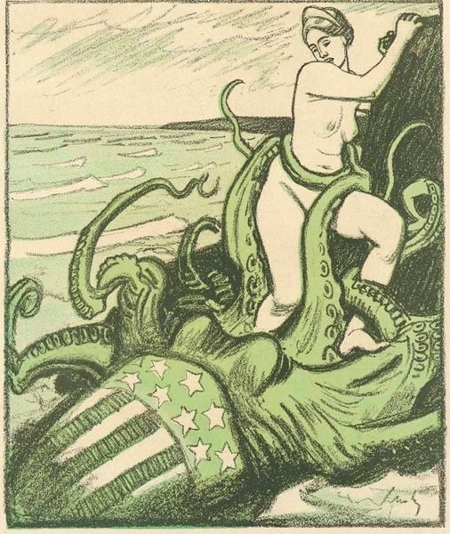 Satirical picture of an american octopus grabbing a european woman