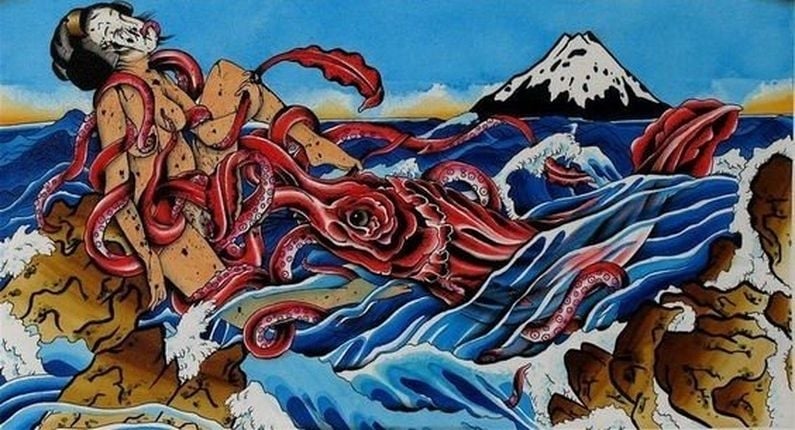 Woman in waves with octopus and mout fuji in the background