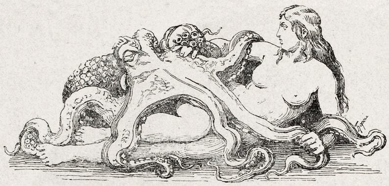 Woman lying with octopus on her lap