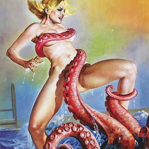 A blond naked woman is visciously grabbed by tentacles