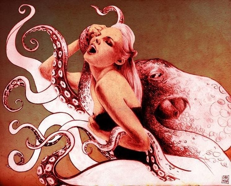 A female beauty is caressing the tentacles of an octopus