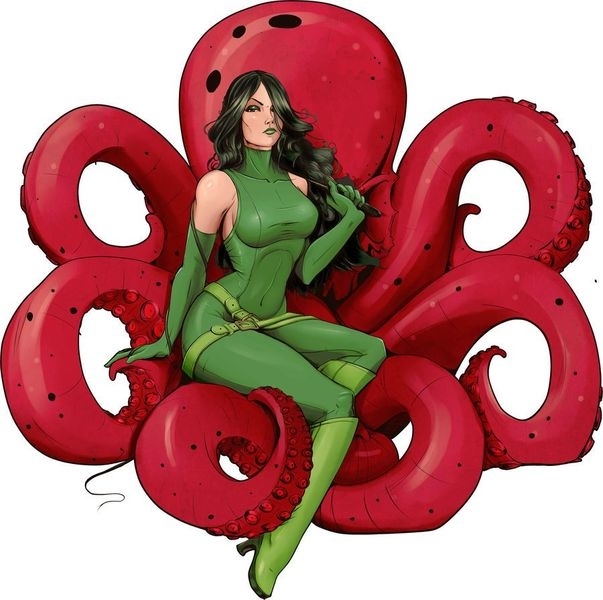 Seductive woman in green outfit sitting on a red octopus
