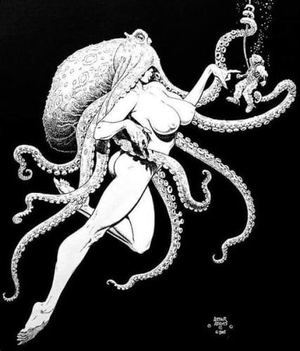 A nude beauty with an octopus on her head is piching a dwarf diver