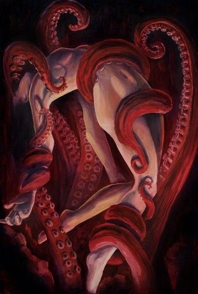 A nude woman lifted up by tentacles