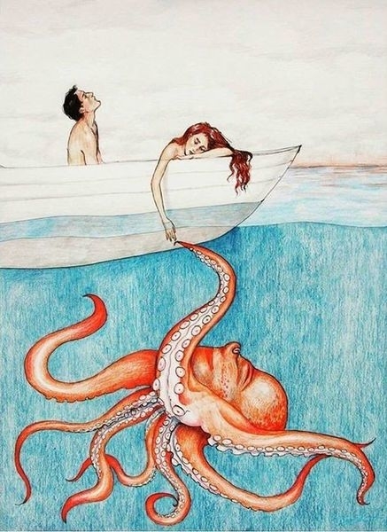 couple having sex in a boat with the female holding the tentacle of an octopus under water