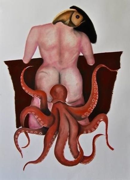 Octopus pleasing a man from behind