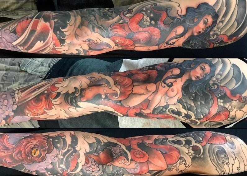 Three photo's of a tattoo sleeve
