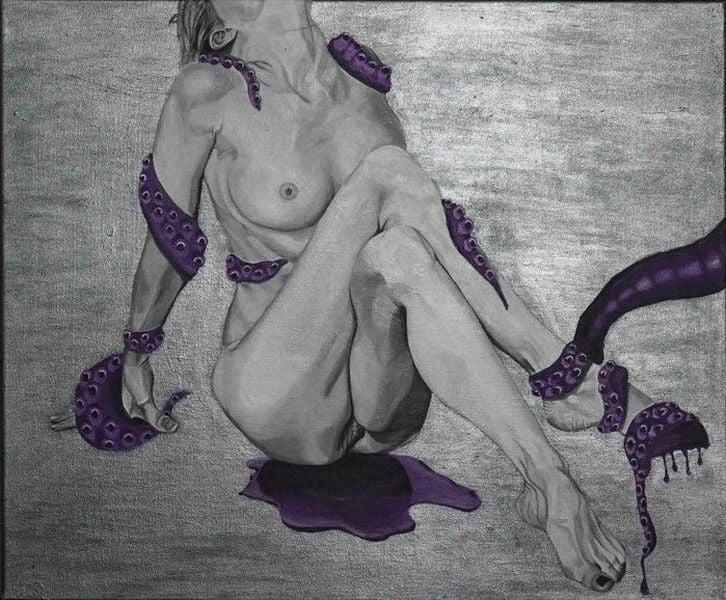 nude female with purple tentacles and stain