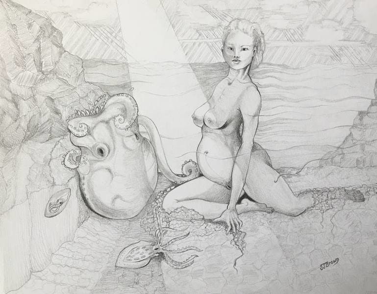 A pregnant nude is sitting down with an octopus