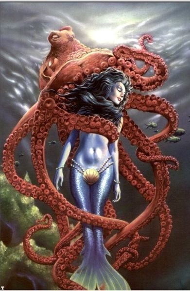 A red octopus is holding a mermaid captive