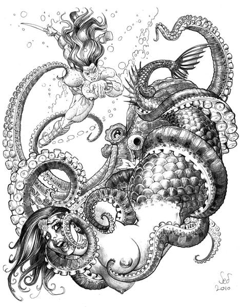 Longhaired herione rescueing a woman from an octopus