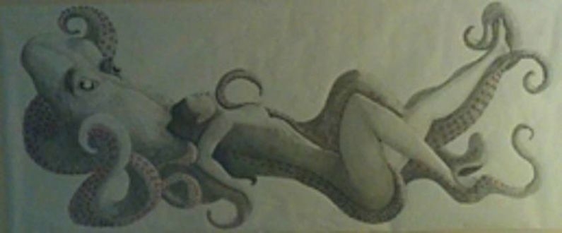 A woman lying in the arms of an octopus