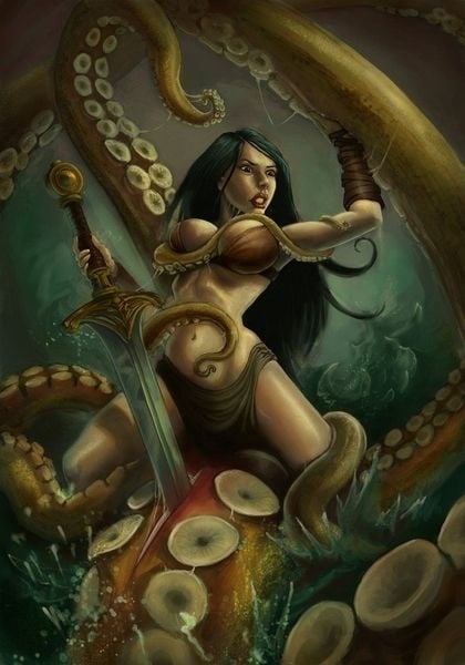 A woman slaying attacking tentacles with her sword