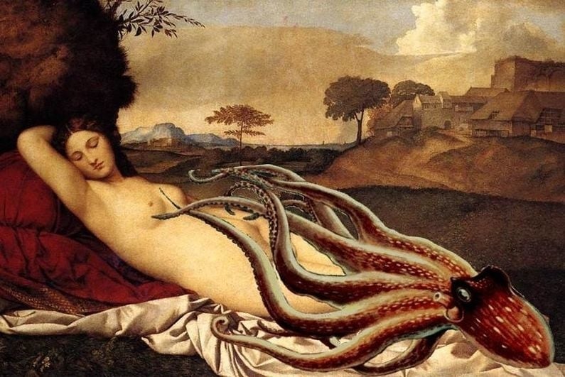 famous painting sleeping venus with an octopus invading the painting