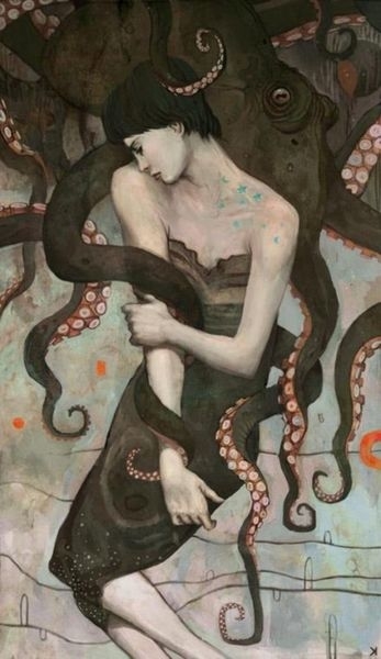 Modern art of a woman sleeping with an octopus