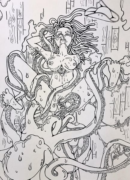 Drawing of girl making love to an octopus