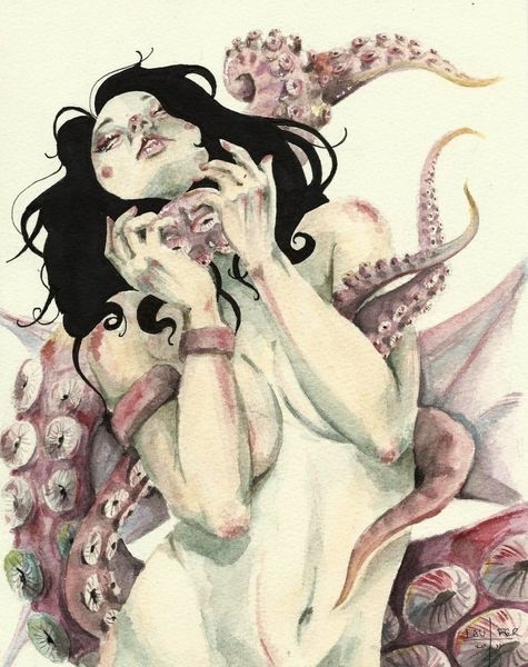 Painting of a black haired woman grabbed by tentacles