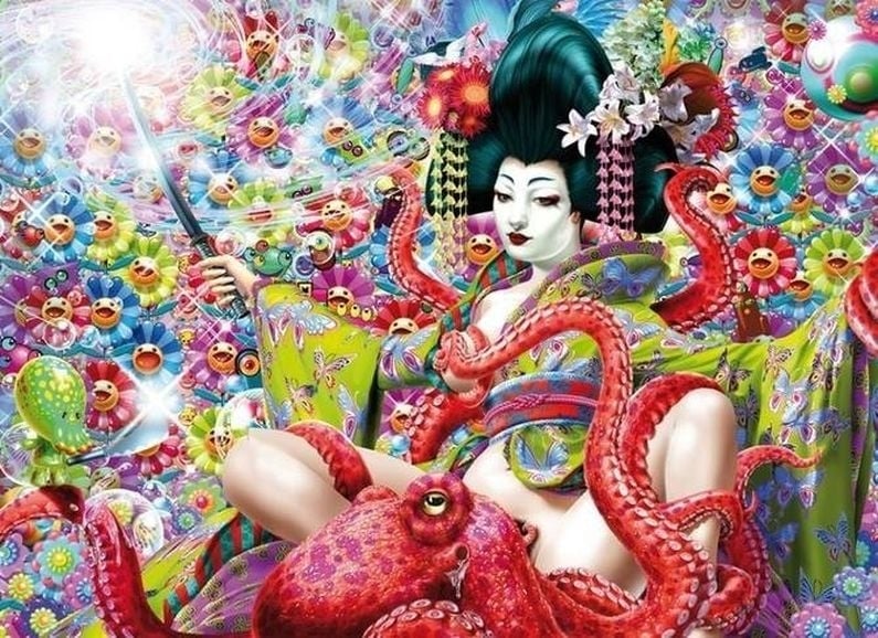 geisha with sword and an octopus performing oral sex surrounded by numerous emoticons