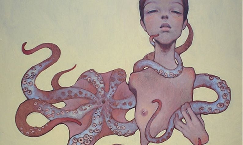 Painting of a girl using a tentacle as an instrument