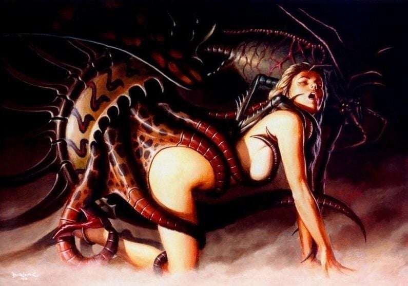 A woman being loved by a tentacled creature