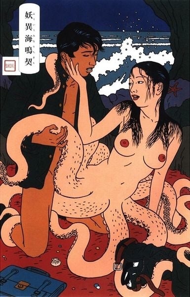 A man having intercourse with a tentacled woman