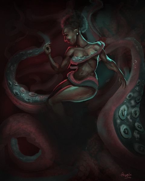 Afro american woman surrounded by tentacles