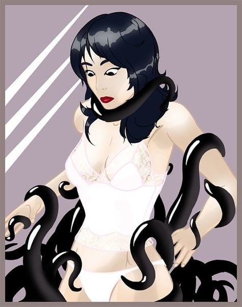 A woman only wearing underwear surrounded by black tentacles